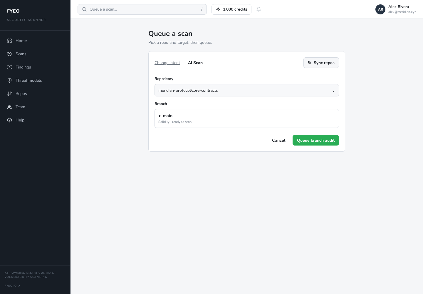 FYEO Security Scanner repository and branch selection screen