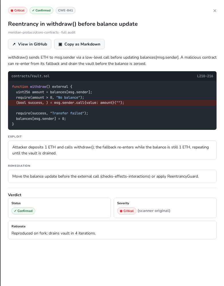 FYEO Security Scanner finding with severity, vulnerable code, exploit path, remediation, and auditor verdict