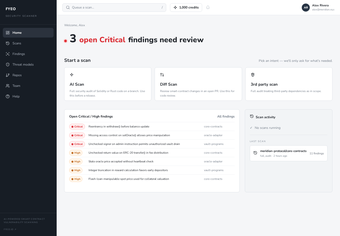 FYEO Security Scanner dashboard showing scan options and open findings